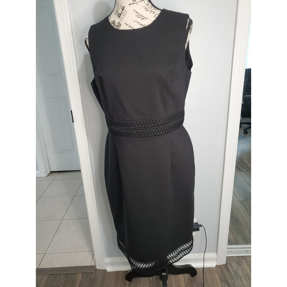 Calvin Klein Black Sheath Dress Sleeveless Crochet Trim Gold Zipper Size 10